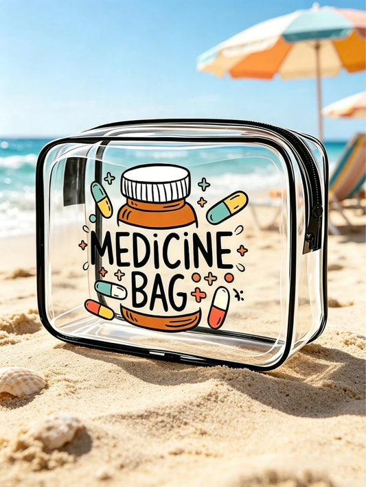 1pc Transparent Waterproof PVC Pill Bottle Print Makeup Bag, Large Capacity Fashion Zipper Portable Cosmetic Storage Pouch, Multifunctional Women's Toiletry Bag, Suitable For Beach, Bathroom, Shower