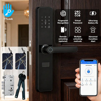 1Pc TTLock Smart Door Lock, Fingerprint Keypad RFID Card Multi Unlock Electronic Security Lock With App Remote Control For Home Front Door