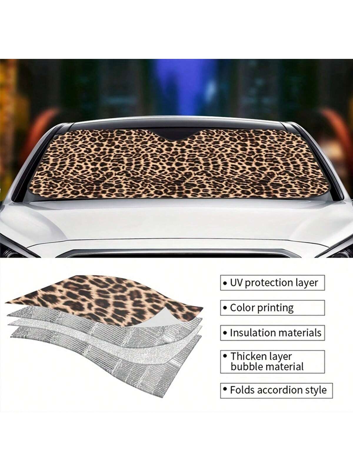 1pc Unique Leopard Pattern Printed Car Windshield Sunshade, Vehicle Sun Protection Shield UV Reflector To Keep Car Cool