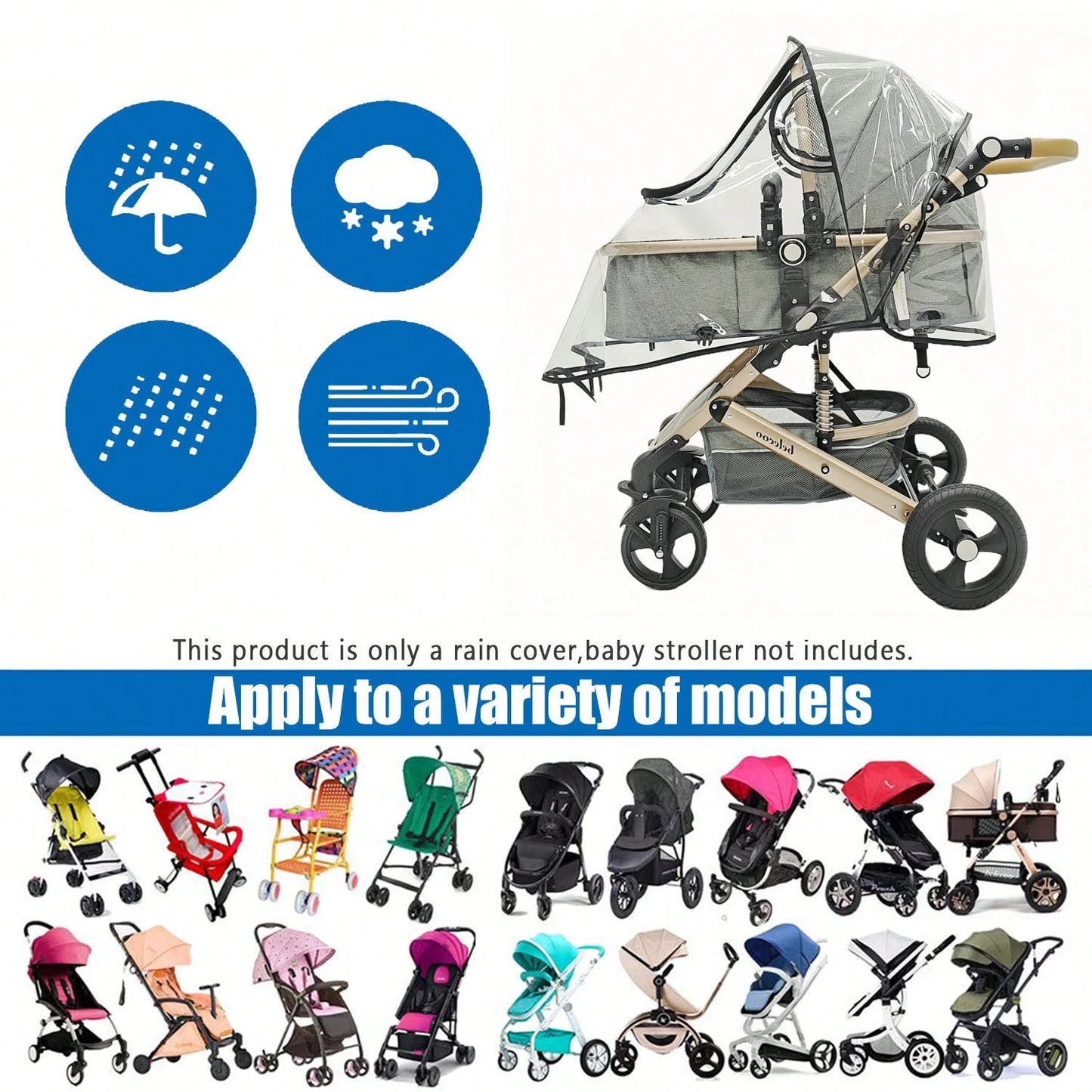 1pc Universal Travel Windproof Breathable Baby Stroller Rain Cover, Transparent Baby Stroller Rain Cover, Baby Stroller Accessories, Suitable For Rainy Days