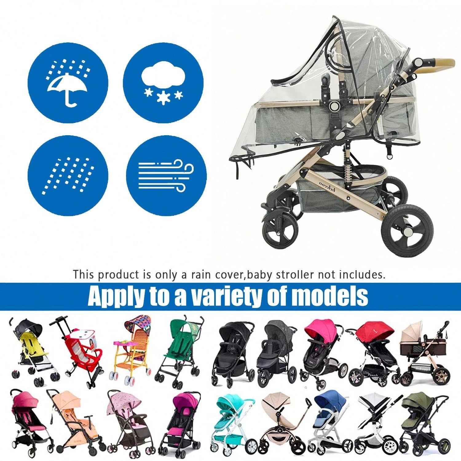1pc Universal Travel Windproof Breathable Baby Stroller Rain Cover, Transparent Baby Stroller Rain Cover, Baby Stroller Accessories, Suitable For Rainy Days