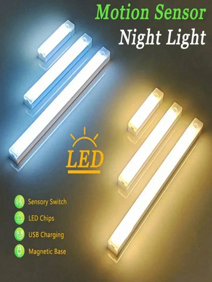 1pc USB Rechargeable Motion Sensor Night Light, Warm/White Cabinet Light Wireless Motion Sensor LED Strip Light, LED Long Sensing Lamp, Bedroom Reading Light Rechargeable Magnetic Night Light, Lightin