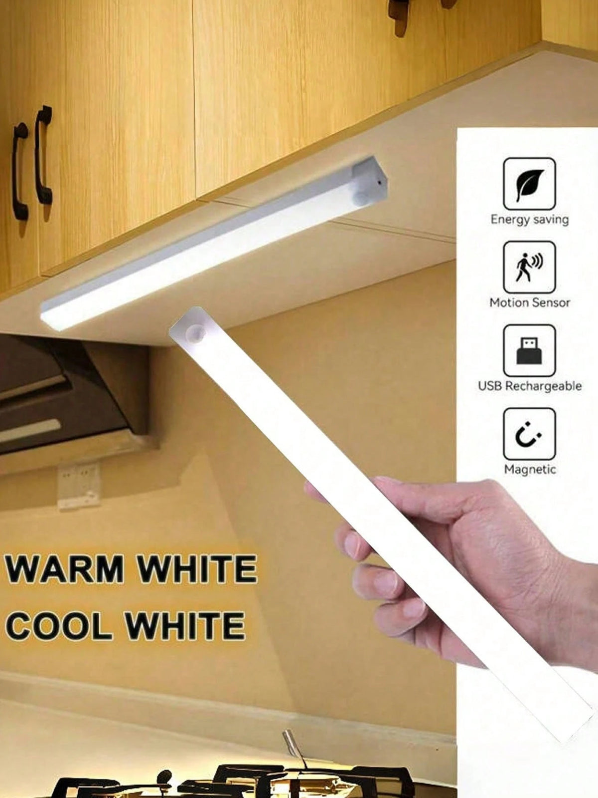 1pc USB Rechargeable Motion Sensor Night Light, Warm/White Cabinet Light Wireless Motion Sensor LED Strip Light, LED Long Sensing Lamp, Bedroom Reading Light Rechargeable Magnetic Night Light, Lightin