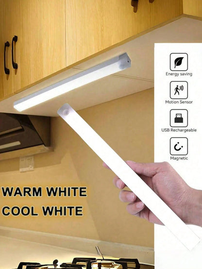 1pc USB Rechargeable Motion Sensor Night Light, Warm/White Cabinet Light Wireless Motion Sensor LED Strip Light, LED Long Sensing Lamp, Bedroom Reading Light Rechargeable Magnetic Night Light, Lightin