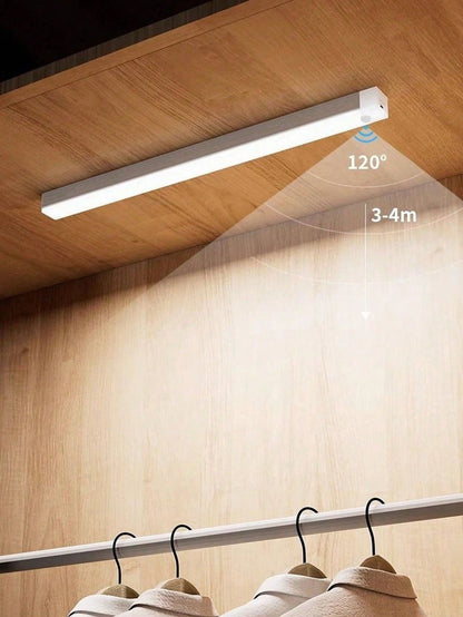 1pc USB Rechargeable Motion Sensor Night Light, Warm/White Cabinet Light Wireless Motion Sensor LED Strip Light, LED Long Sensing Lamp, Bedroom Reading Light Rechargeable Magnetic Night Light, Lightin
