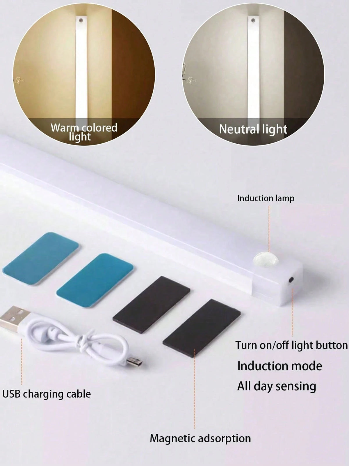 1pc USB Rechargeable Motion Sensor Night Light, Warm/White Cabinet Light Wireless Motion Sensor LED Strip Light, LED Long Sensing Lamp, Bedroom Reading Light Rechargeable Magnetic Night Light, Lightin