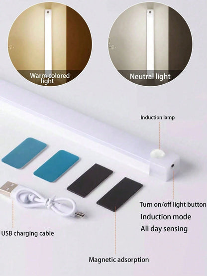 1pc USB Rechargeable Motion Sensor Night Light, Warm/White Cabinet Light Wireless Motion Sensor LED Strip Light, LED Long Sensing Lamp, Bedroom Reading Light Rechargeable Magnetic Night Light, Lightin