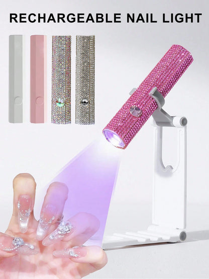 1pc USB Rechargeable Nail Lamp, Pink Diamond UV LED Manicure Light, Mini Portable Nail Gel Curing Lamp, White Diamond Nail Art Light, Wearable Nail Dryer, UV Nail Lamp, Hexagonal Diamond Design Nail L
