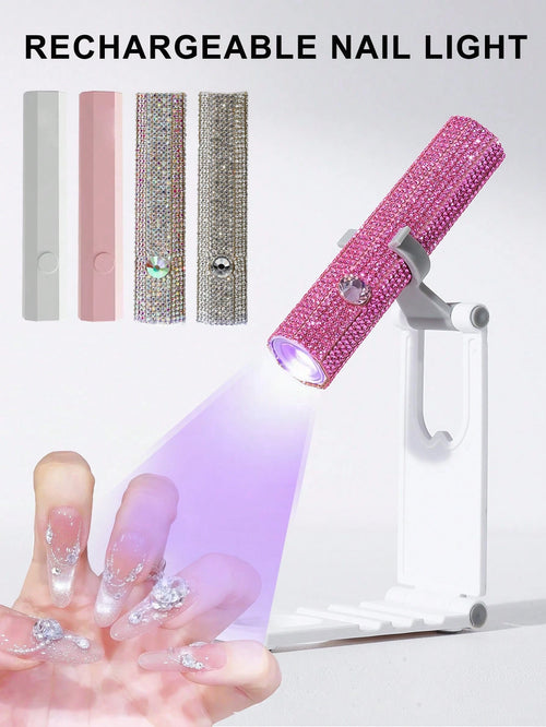 1pc USB Rechargeable Nail Lamp, Pink Diamond UV LED Manicure Light, Mini Portable Nail Gel Curing Lamp, White Diamond Nail Art Light, Wearable Nail Dryer, UV Nail Lamp, Hexagonal Diamond Design Nail L