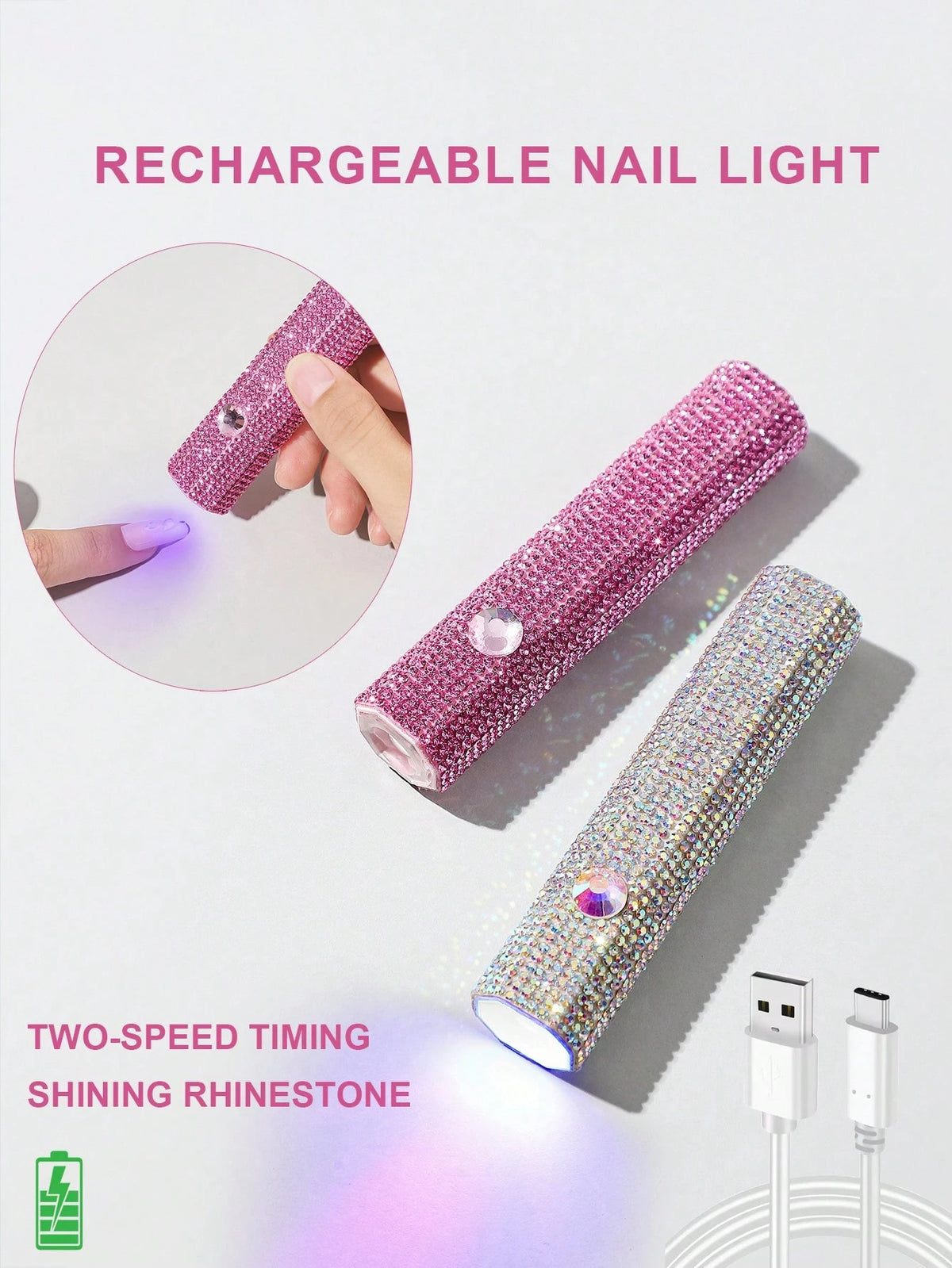 1pc USB Rechargeable Nail Lamp, Pink Diamond UV LED Manicure Light, Mini Portable Nail Gel Curing Lamp, White Diamond Nail Art Light, Wearable Nail Dryer, UV Nail Lamp, Hexagonal Diamond Design Nail L