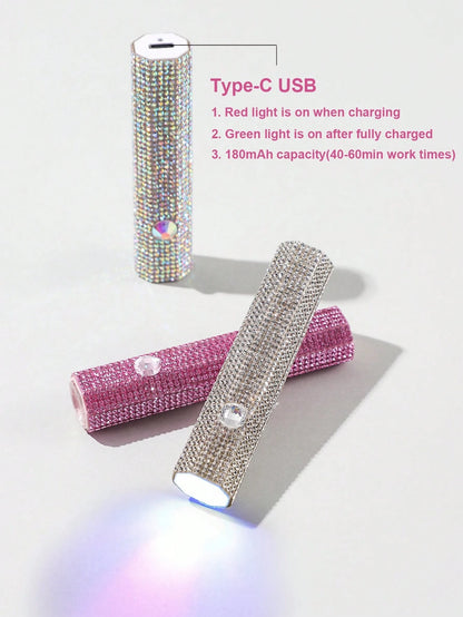1pc USB Rechargeable Nail Lamp, Pink Diamond UV LED Manicure Light, Mini Portable Nail Gel Curing Lamp, White Diamond Nail Art Light, Wearable Nail Dryer, UV Nail Lamp, Hexagonal Diamond Design Nail L