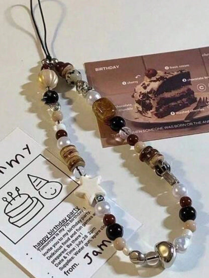 1pc Vintage Brown Leopard Print Cat Beaded Phone Chain Phone Case Short Lanyard Wrist Charm Beaded Chain Camera Pendant Women's Hanging Chain