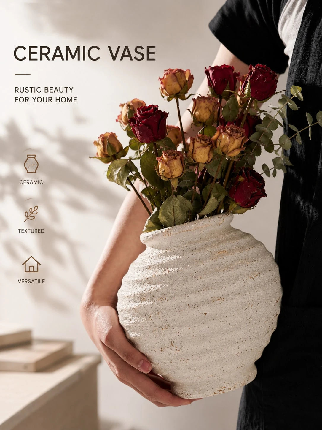 1pc Wabi-Sabi Style Distressed White Ceramic Vase, Rustic Textured Round Vase, Suitable For Dried Flowers, Country Home Tabletop Decor, Wedding Decoration, Gift For Family And Friends (No Electricity