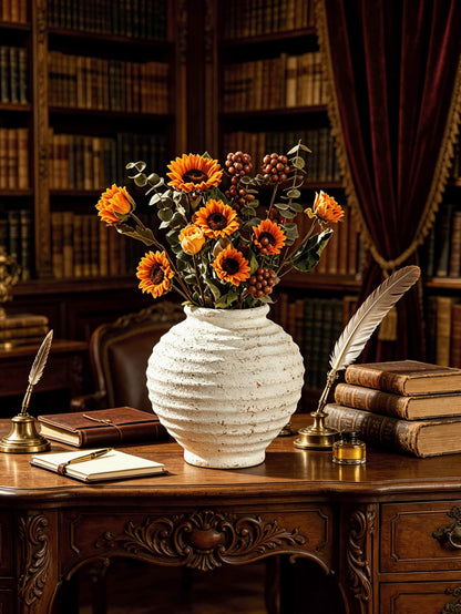 1pc Wabi-Sabi Style Distressed White Ceramic Vase, Rustic Textured Round Vase, Suitable For Dried Flowers, Country Home Tabletop Decor, Wedding Decoration, Gift For Family And Friends (No Electricity
