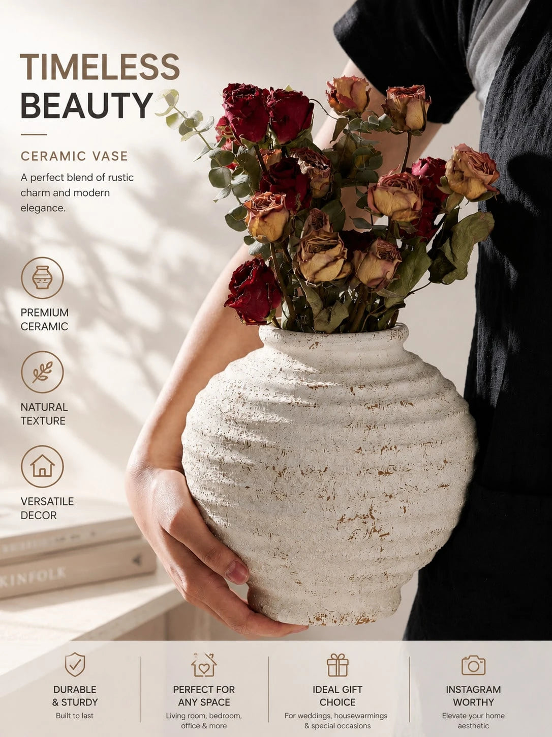 1pc Wabi-Sabi Style Distressed White Ceramic Vase, Rustic Textured Round Vase, Suitable For Dried Flowers, Country Home Tabletop Decor, Wedding Decoration, Gift For Family And Friends (No Electricity