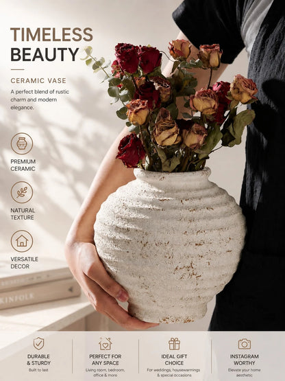 1pc Wabi-Sabi Style Distressed White Ceramic Vase, Rustic Textured Round Vase, Suitable For Dried Flowers, Country Home Tabletop Decor, Wedding Decoration, Gift For Family And Friends (No Electricity