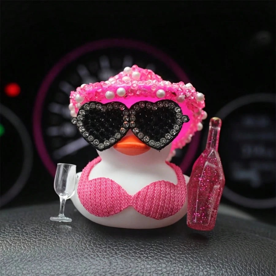 1pc White Duck Car Dashboard Decoration With Pink Glittery Hat, Champagne Bottle And Fashion Glasses- Fun Car Interior For Motorcycle, Bicycle, Holiday Gift And Party Atmosphere