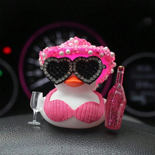 1pc White Duck Car Dashboard Decoration With Pink Glittery Hat, Champagne Bottle And Fashion Glasses- Fun Car Interior For Motorcycle, Bicycle, Holiday Gift And Party Atmosphere