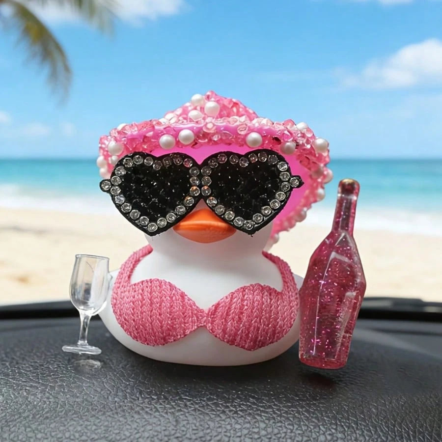 1pc White Duck Car Dashboard Decoration With Pink Glittery Hat, Champagne Bottle And Fashion Glasses- Fun Car Interior For Motorcycle, Bicycle, Holiday Gift And Party Atmosphere