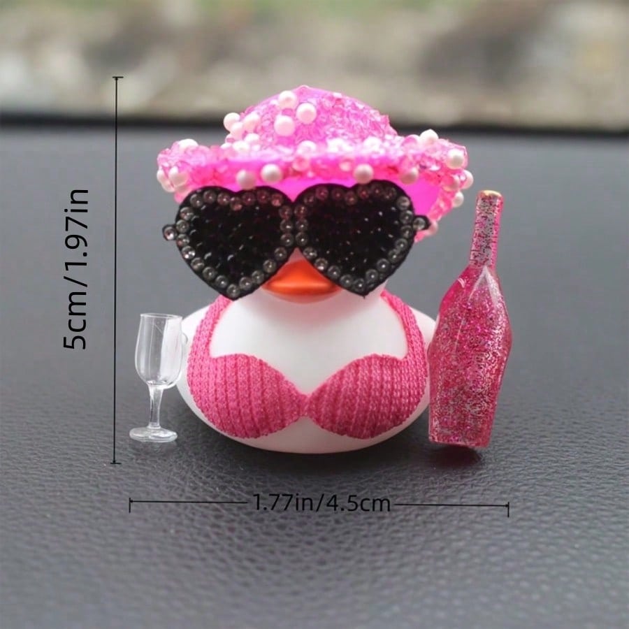 1pc White Duck Car Dashboard Decoration With Pink Glittery Hat, Champagne Bottle And Fashion Glasses- Fun Car Interior For Motorcycle, Bicycle, Holiday Gift And Party Atmosphere