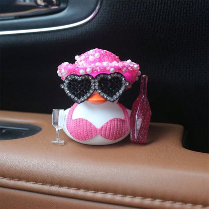 1pc White Duck Car Dashboard Decoration With Pink Glittery Hat, Champagne Bottle And Fashion Glasses- Fun Car Interior For Motorcycle, Bicycle, Holiday Gift And Party Atmosphere