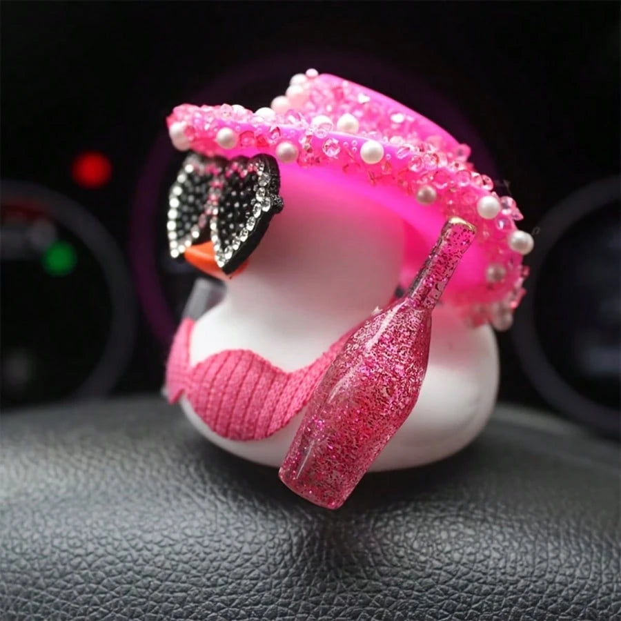 1pc White Duck Car Dashboard Decoration With Pink Glittery Hat, Champagne Bottle And Fashion Glasses- Fun Car Interior For Motorcycle, Bicycle, Holiday Gift And Party Atmosphere