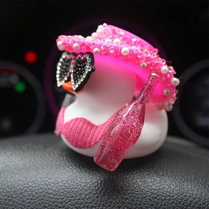 1pc White Duck Car Dashboard Decoration With Pink Glittery Hat, Champagne Bottle And Fashion Glasses- Fun Car Interior For Motorcycle, Bicycle, Holiday Gift And Party Atmosphere