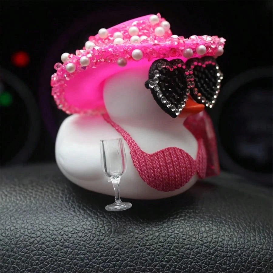 1pc White Duck Car Dashboard Decoration With Pink Glittery Hat, Champagne Bottle And Fashion Glasses- Fun Car Interior For Motorcycle, Bicycle, Holiday Gift And Party Atmosphere