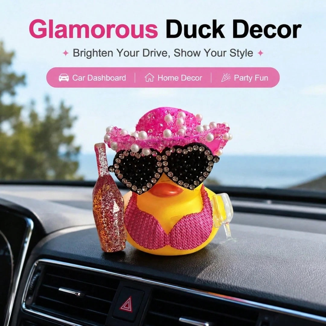 1pc White Duck Car Dashboard Decoration With Pink Glittery Hat, Champagne Bottle And Fashion Glasses- Fun Car Interior For Motorcycle, Bicycle, Holiday Gift And Party Atmosphere