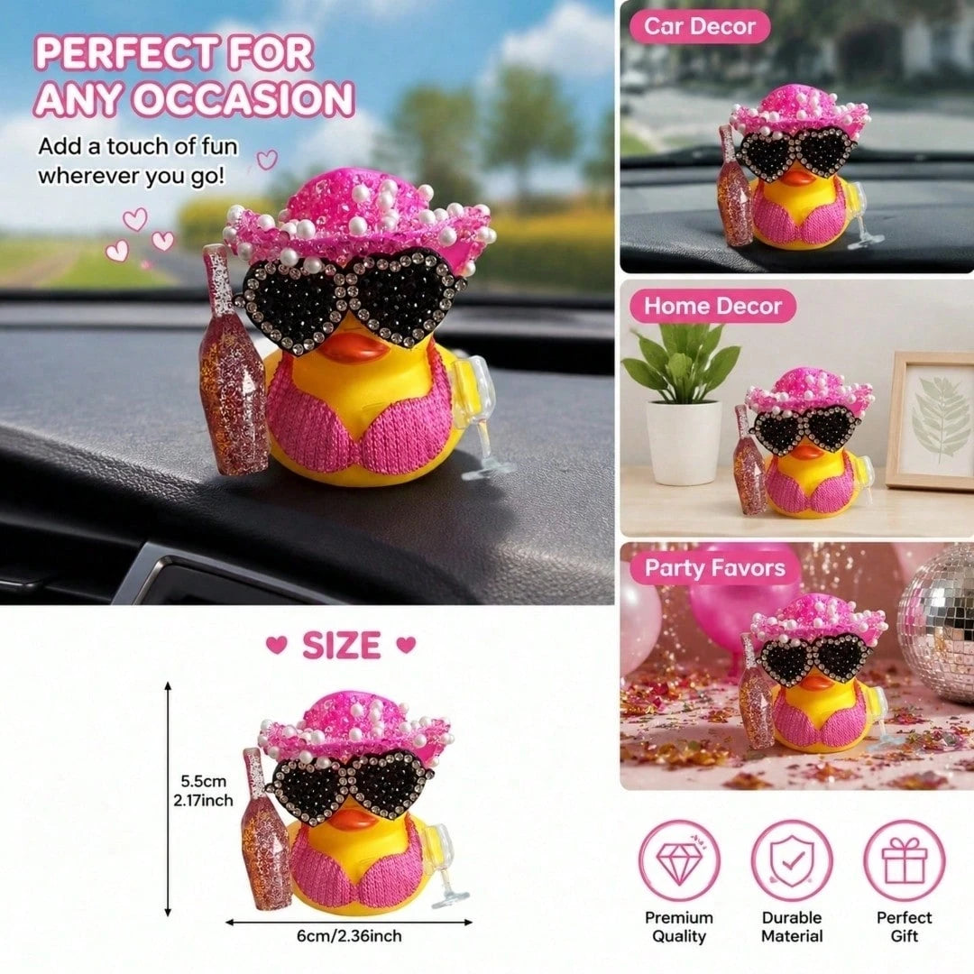 1pc White Duck Car Dashboard Decoration With Pink Glittery Hat, Champagne Bottle And Fashion Glasses- Fun Car Interior For Motorcycle, Bicycle, Holiday Gift And Party Atmosphere