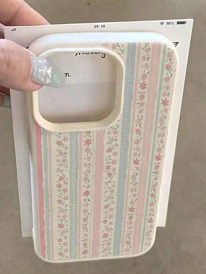 1pc White Floral Blue & Pink Striped Minimalist Pattern Full Coverage TPU Shockproof Phone Case Suitable For IPhone17/IPhone17 Air/IPhone17 Pro/IPhone17 Pro Max/16 Pro Max/15 Pro Max/14 Pro Max/13 Pro