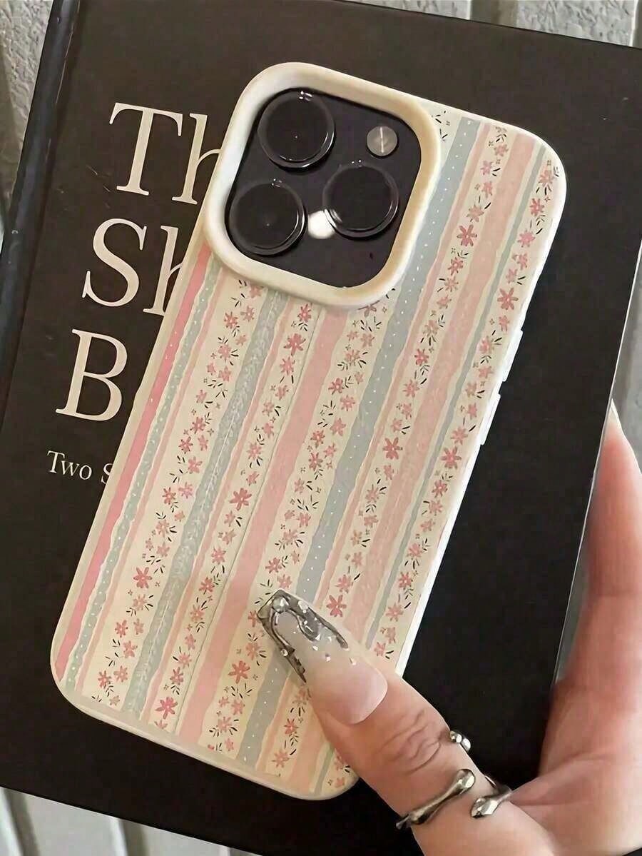 1pc White Floral Blue & Pink Striped Minimalist Pattern Full Coverage TPU Shockproof Phone Case Suitable For IPhone17/IPhone17 Air/IPhone17 Pro/IPhone17 Pro Max/16 Pro Max/15 Pro Max/14 Pro Max/13 Pro