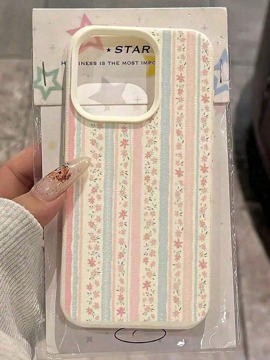 1pc White Floral Blue & Pink Striped Minimalist Pattern Full Coverage TPU Shockproof Phone Case Suitable For IPhone17/IPhone17 Air/IPhone17 Pro/IPhone17 Pro Max/16 Pro Max/15 Pro Max/14 Pro Max/13 Pro