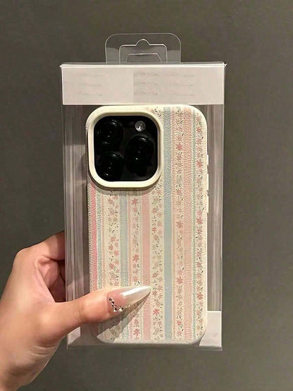 1pc White Floral Blue & Pink Striped Minimalist Pattern Full Coverage TPU Shockproof Phone Case Suitable For IPhone17/IPhone17 Air/IPhone17 Pro/IPhone17 Pro Max/16 Pro Max/15 Pro Max/14 Pro Max/13 Pro
