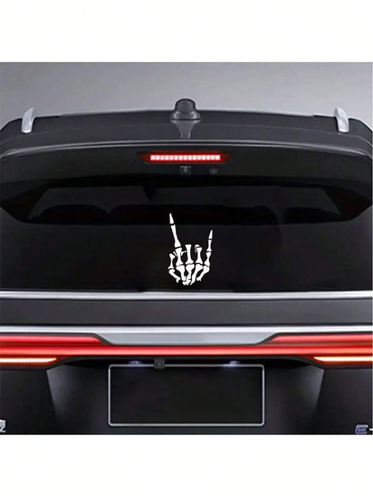 1pc White Rock Skeleton Hand Horn Scratch & Scratch Prevention Car Sticker, Universal Model