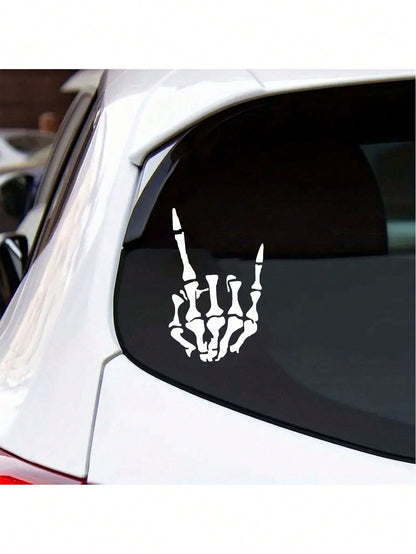 1pc White Rock Skeleton Hand Horn Scratch & Scratch Prevention Car Sticker, Universal Model