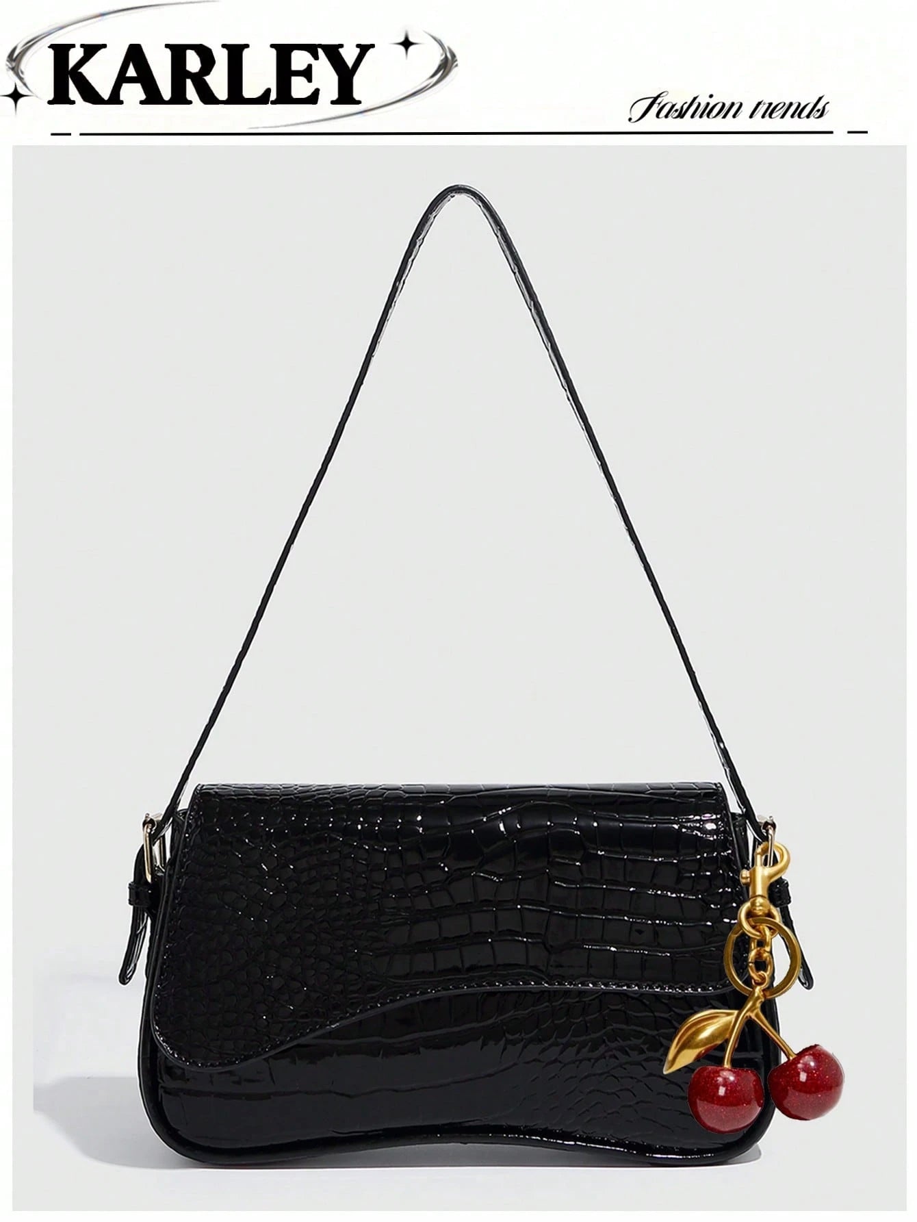 1pc Women Faux Leather Shoulder Bag, Black Crocodile Pattern Square Bag, Versatile Patent Leather Purse, Y2K Crossbody/Underarm Bag, Fashionable Sling Bag, With Cherry Pendant Charm