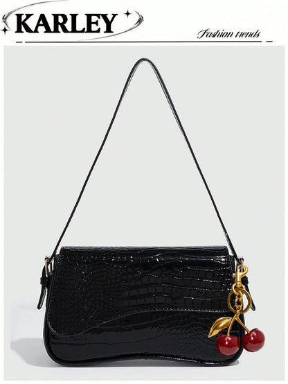1pc Women Faux Leather Shoulder Bag, Black Crocodile Pattern Square Bag, Versatile Patent Leather Purse, Y2K Crossbody/Underarm Bag, Fashionable Sling Bag, With Cherry Pendant Charm