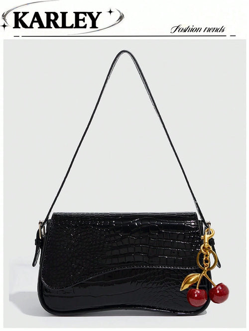 1pc Women Faux Leather Shoulder Bag, Black Crocodile Pattern Square Bag, Versatile Patent Leather Purse, Y2K Crossbody/Underarm Bag, Fashionable Sling Bag, With Cherry Pendant Charm