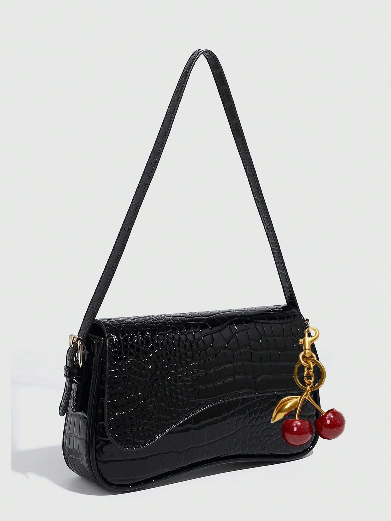 1pc Women Faux Leather Shoulder Bag, Black Crocodile Pattern Square Bag, Versatile Patent Leather Purse, Y2K Crossbody/Underarm Bag, Fashionable Sling Bag, With Cherry Pendant Charm