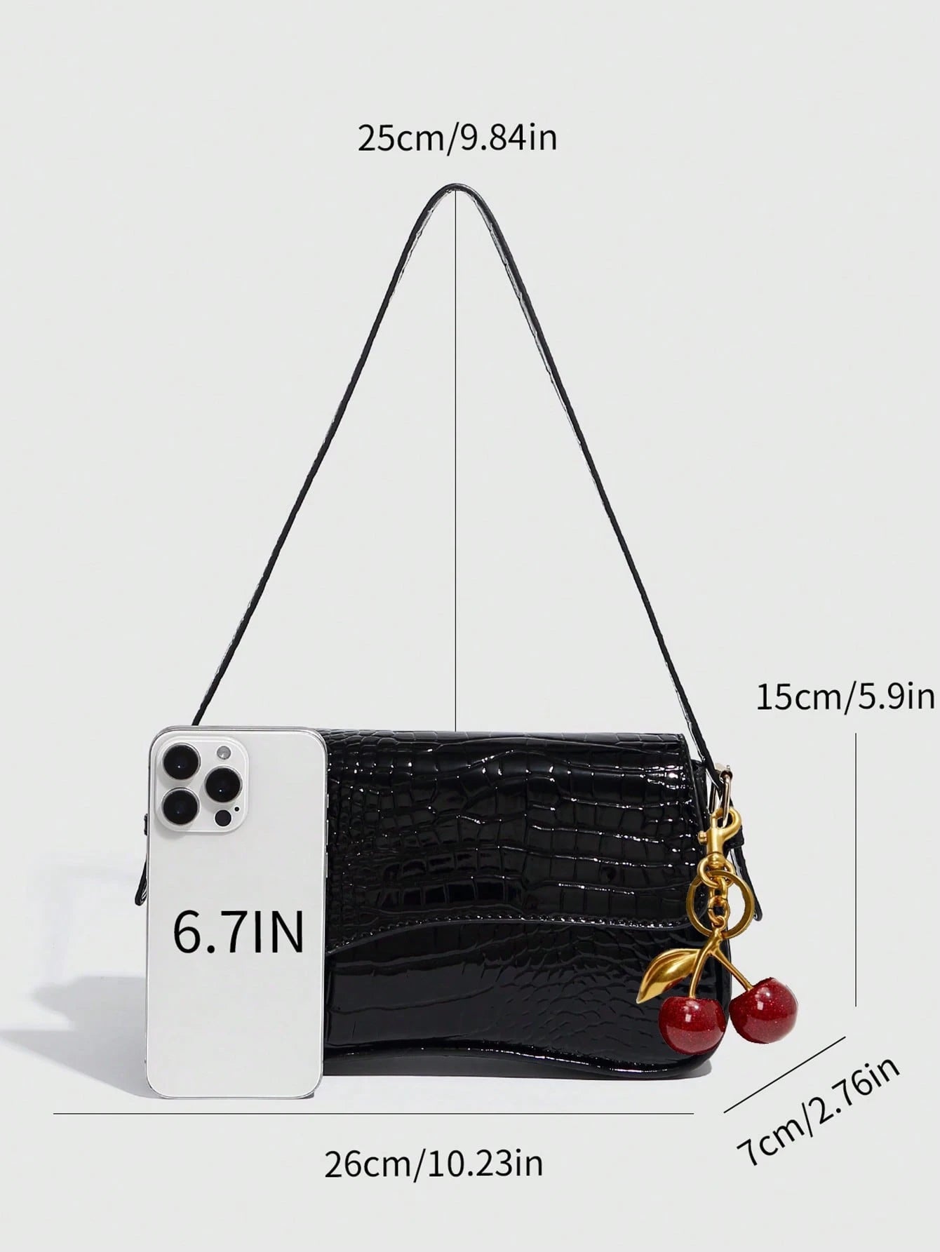1pc Women Faux Leather Shoulder Bag, Black Crocodile Pattern Square Bag, Versatile Patent Leather Purse, Y2K Crossbody/Underarm Bag, Fashionable Sling Bag, With Cherry Pendant Charm