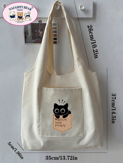 1pc Women's Beige Canvas Tote Bag With Black Cat Print, Shopping Shoulder Bag