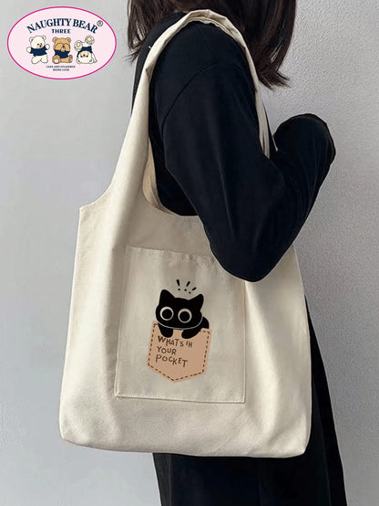 1pc Women's Beige Canvas Tote Bag With Black Cat Print, Shopping Shoulder Bag