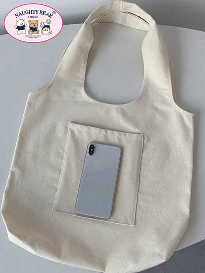 1pc Women's Beige Canvas Tote Bag With Black Cat Print, Shopping Shoulder Bag