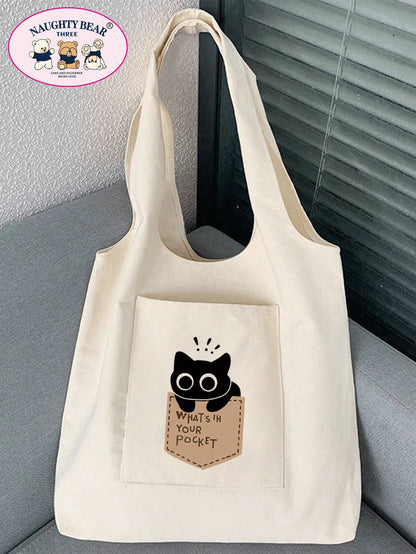 1pc Women's Beige Canvas Tote Bag With Black Cat Print, Shopping Shoulder Bag