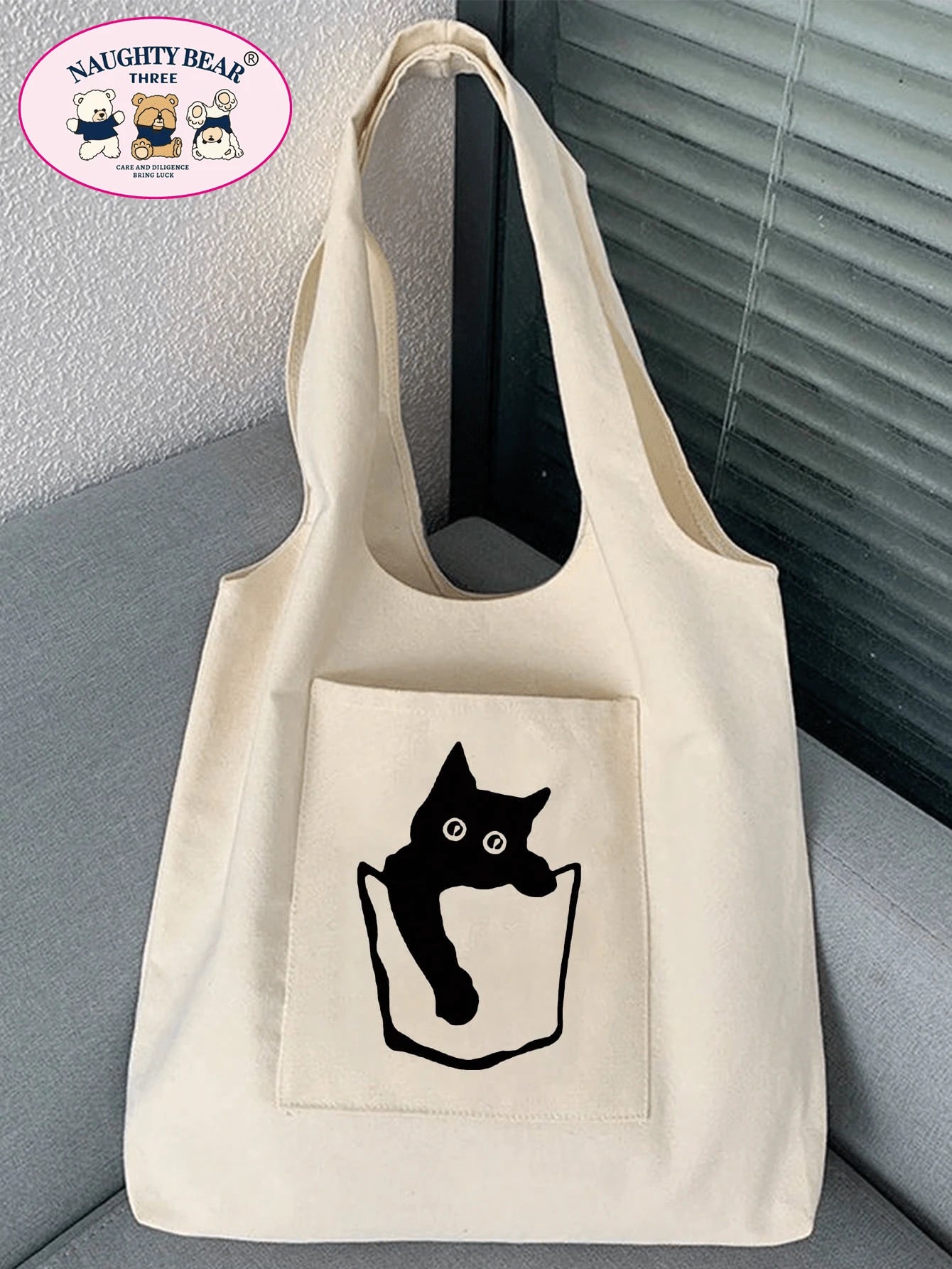 1pc Women's Beige Canvas Tote Bag With Black Cat Print, Shopping Shoulder Bag