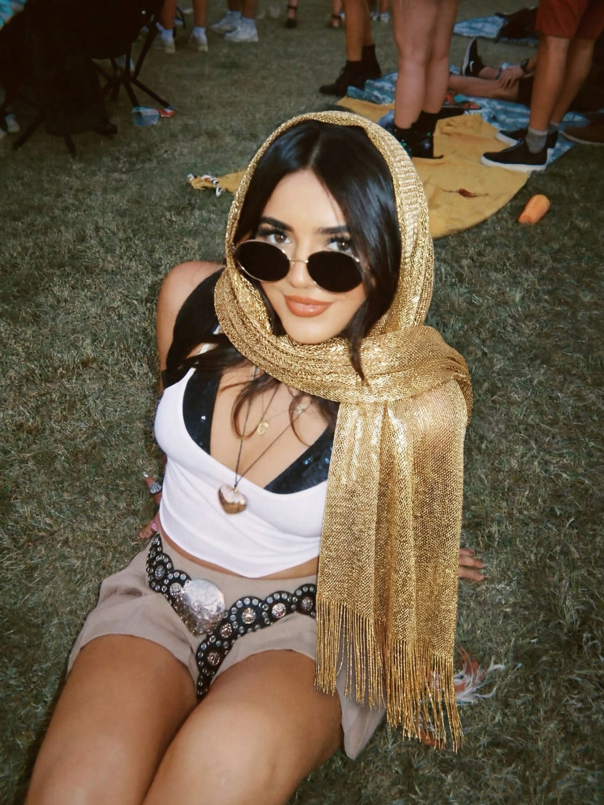 1pc Women's Bohemian Gold Shiny Tassel Scarf, Elegant Breathable Headscarf, Shawl, Evening Dress Accessory, Beach Scarf