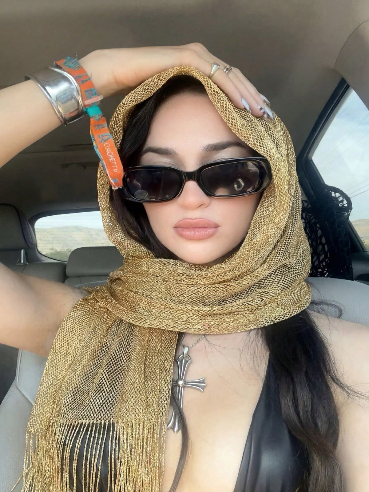 1pc Women's Bohemian Gold Shiny Tassel Scarf, Elegant Breathable Headscarf, Shawl, Evening Dress Accessory, Beach Scarf