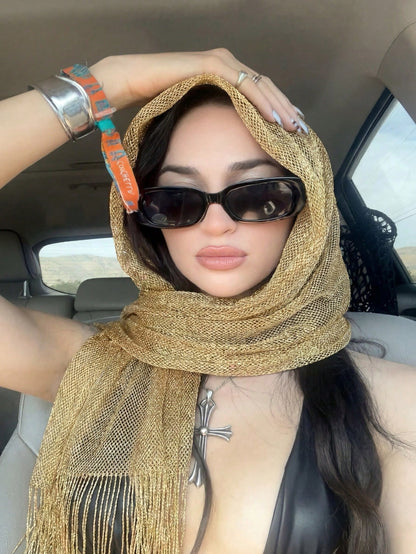 1pc Women's Bohemian Gold Shiny Tassel Scarf, Elegant Breathable Headscarf, Shawl, Evening Dress Accessory, Beach Scarf