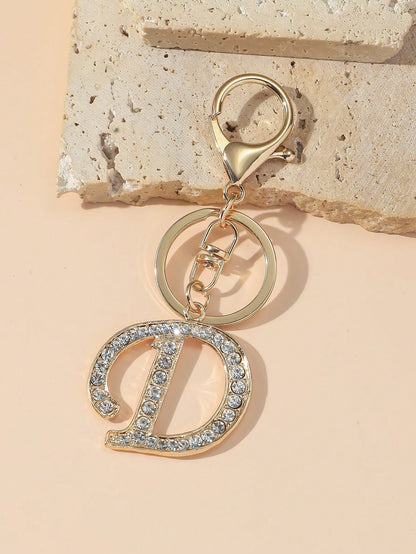 1pc Women's Fashion A-Z Letter Rhinestone Decorated Key Chain Pendant Keyring Wallet Handbag Charm